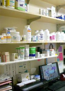 rows of medications at Shaker Heights Animal Hospital pharmacy