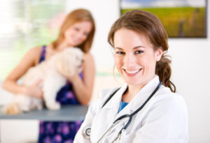 smiling veterinarian with dog and pet owner